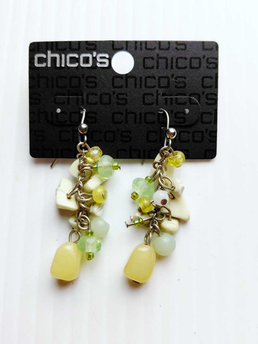 Chico's Silver Tone Yellow Green Beaded Dangle Drop Earrings Fashion Jewelry